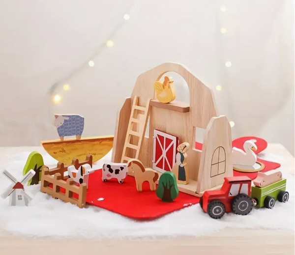 Portable Barn Case - Wooden Farm Animals Blocks Set